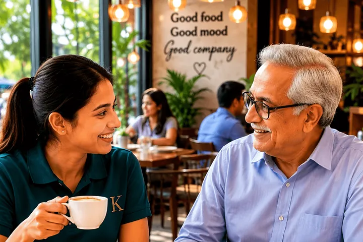 A companion sharing a warm conversation with a senior over coffee