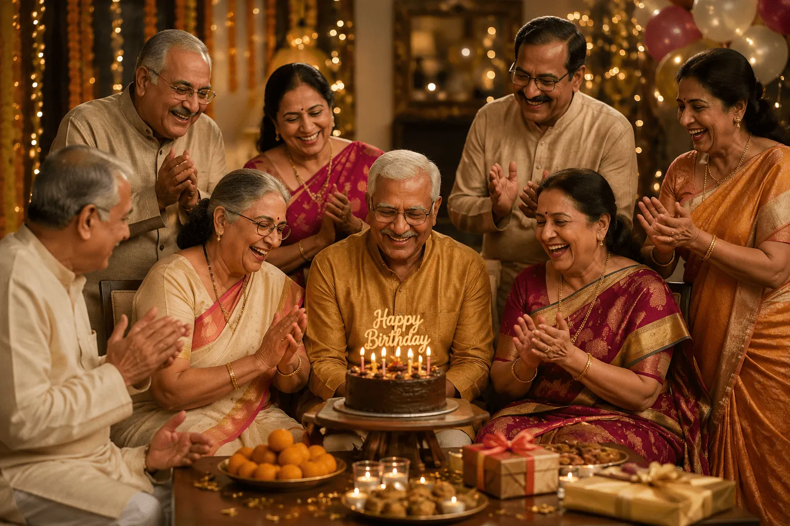 A senior birthday celebration surrounded by family