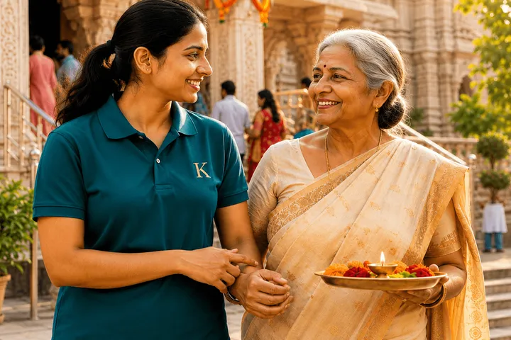 A companion accompanying a senior on a temple visit