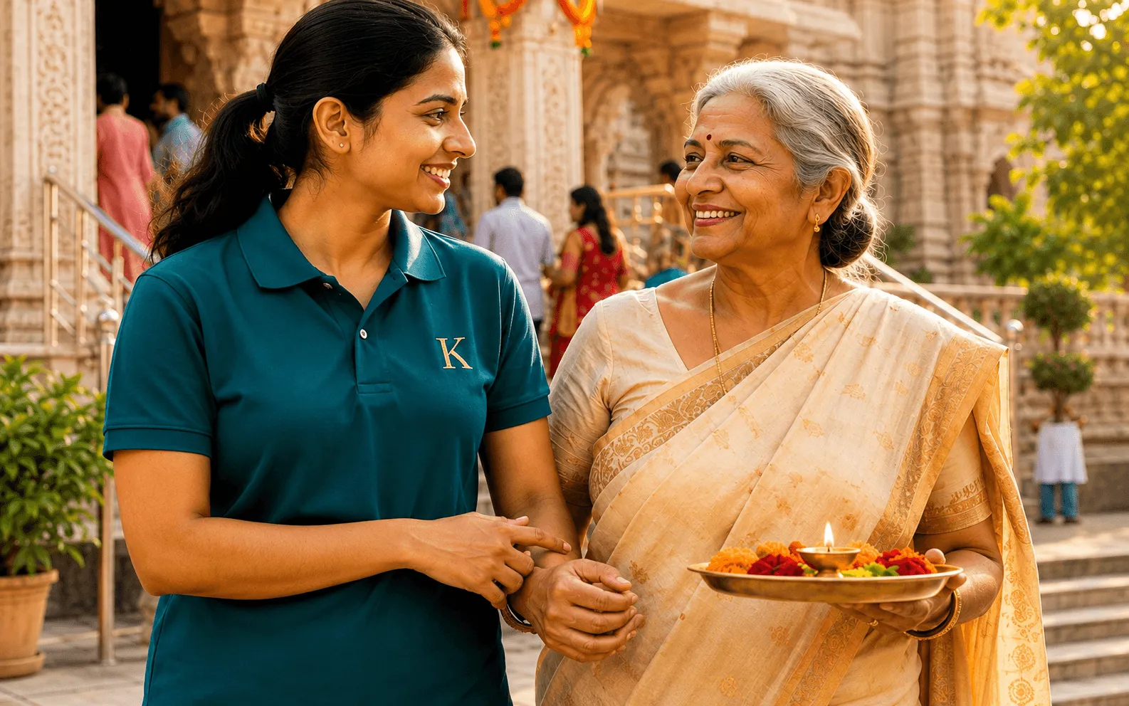 A Karma Miles companion walking with an elderly parent outside a temple