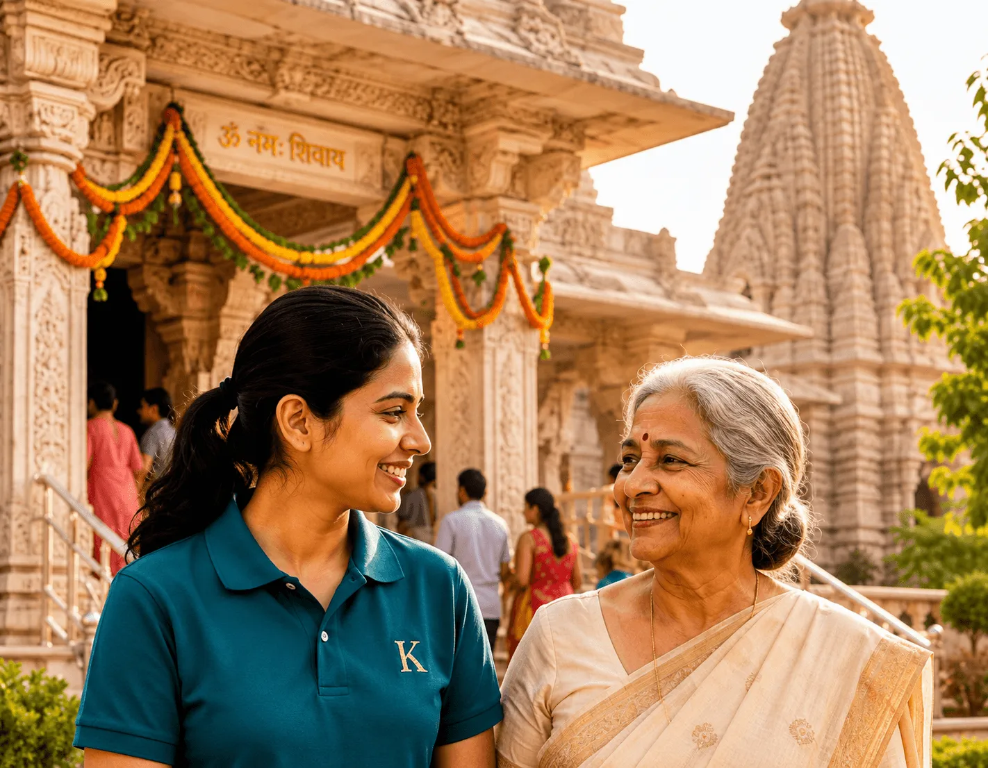 A companion walking with a senior at the temple